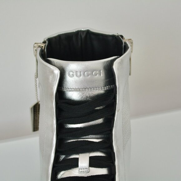 NIB GUCCI MENS HITOP LEATHER METALLIC SILVER SNEAKERS - Picture 8 of 9
